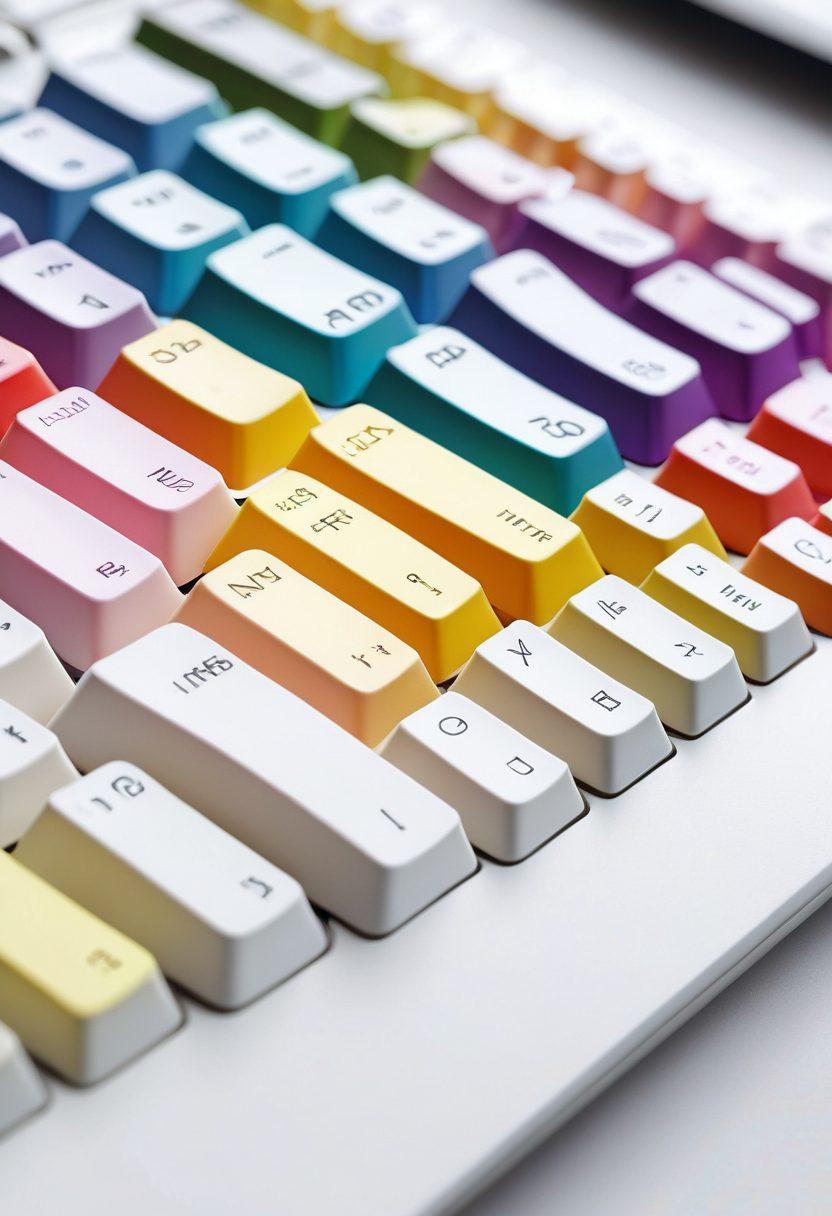 A close-up of a QWERTY keyboard with vibrant, colorful keys and dynamic text inputs visually emanating from the fingertips of a user, showcasing techniques and shortcuts in action. Include animated lines or arrows indicating speed and efficiency. The background should be an inspiring workspace, suggesting productivity and creativity. super-realistic. vibrant colors. white background.