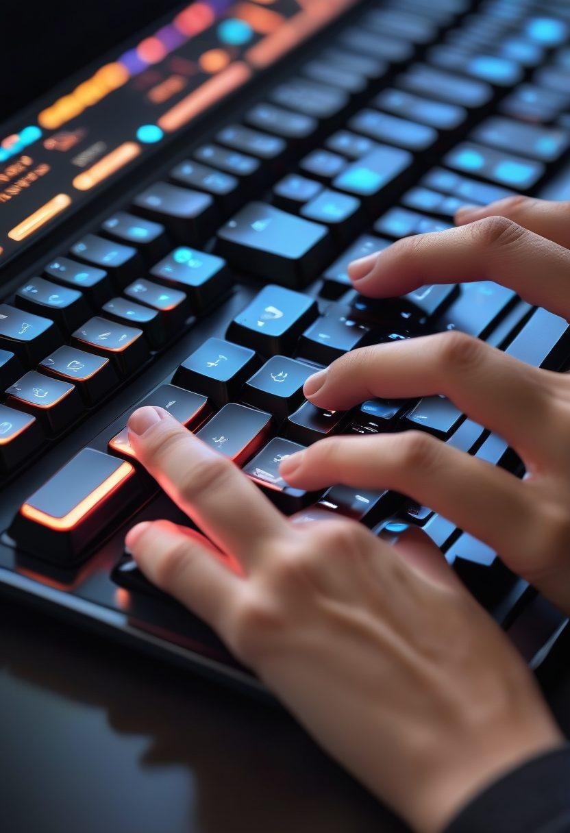 A close-up of hands rapidly typing on a sleek, modern QWERTY keyboard, with glowing digital text appearing above the keys. In the background, an infographic showing tips for efficient typing, like hand placement and shortcuts. The atmosphere is energetic and focused, with hints of technology and innovation. vibrant colors. super-realistic.