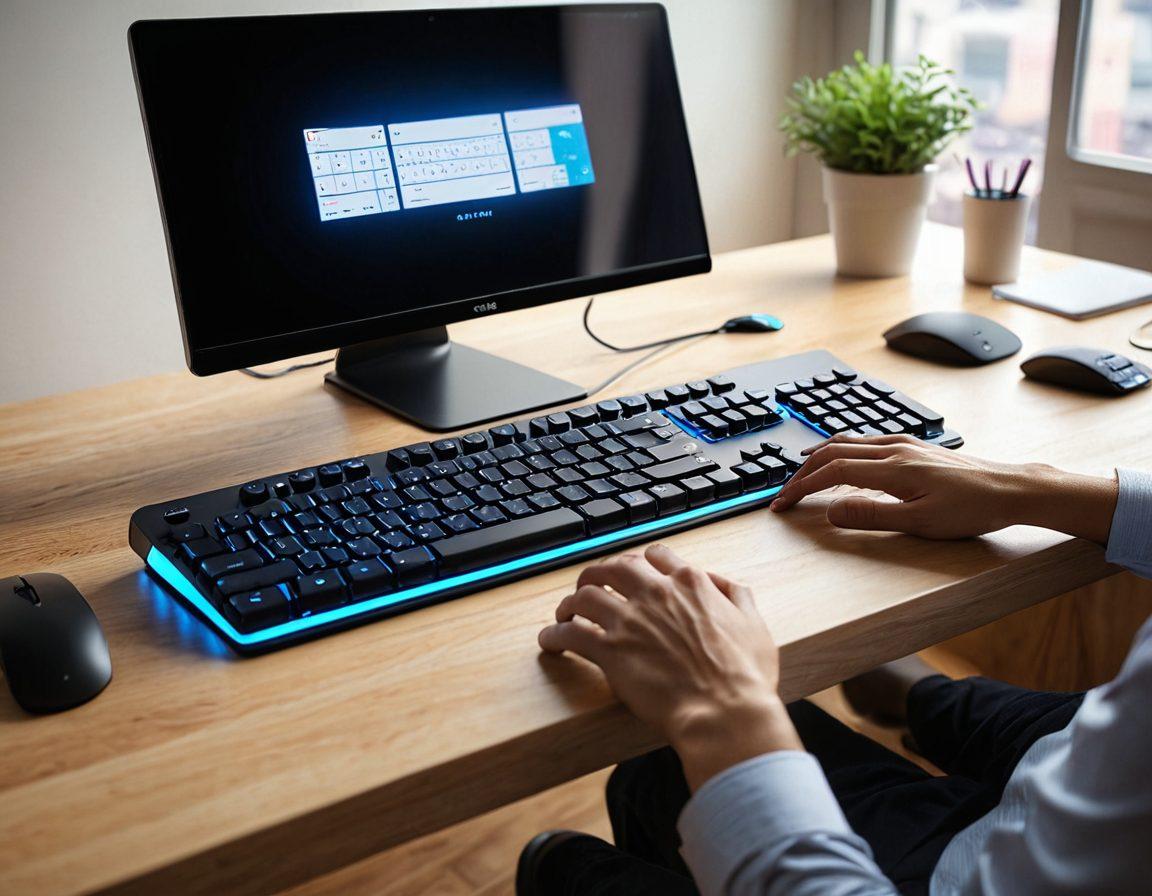 A sleek, modern workspace featuring an ergonomic keyboard with advanced design elements. Showcase hands typing on the keyboard, with a soft glow emanating from the device to symbolize efficiency and comfort. Include a subtle background of a computer screen displaying productivity graphs. Emphasize smooth lines, gentle curves of the keyboard, and a cozy, inspiring atmosphere. super-realistic. vibrant colors. soft focus.